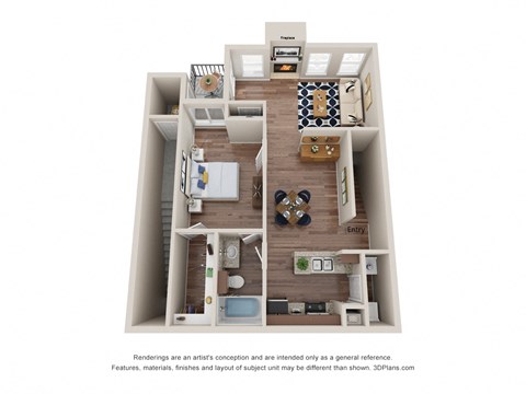 Floor plan for 1 bed, 1 bath, 882 sqft
